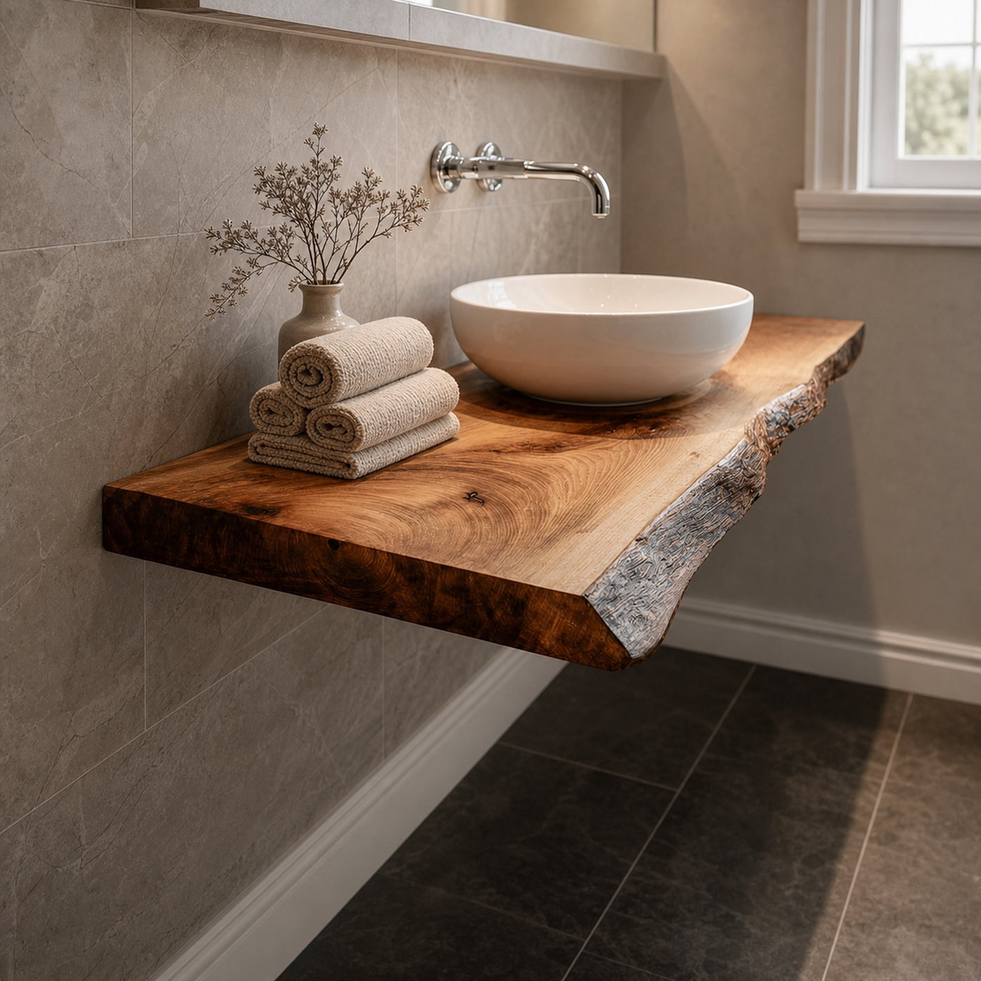 Midcentury Floating Shelf Natural Edge Bathroom
