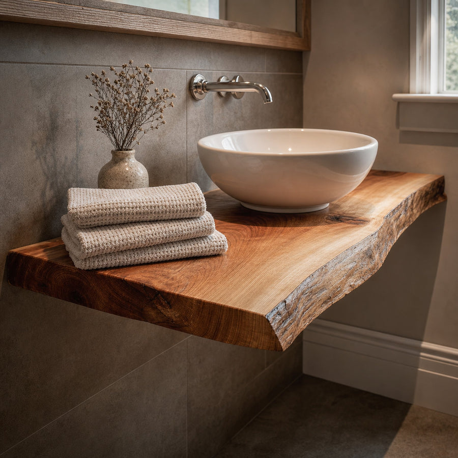Midcentury Floating Shelf Natural Edge Powder Room
