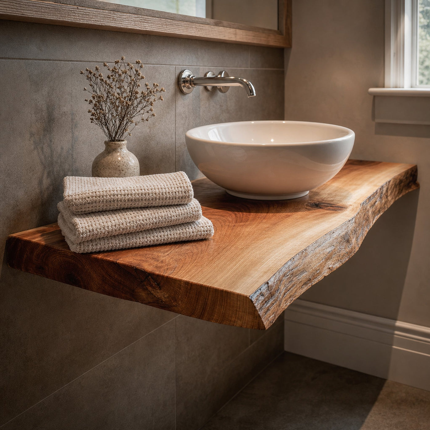 Midcentury Floating Shelf Natural Edge Powder Room