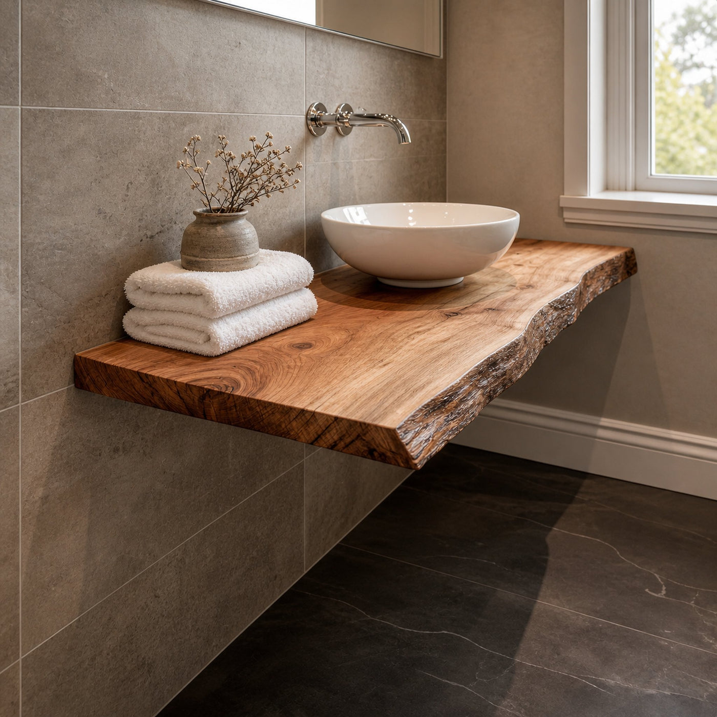 Midcentury Floating Shelf Natural Edge Washroom