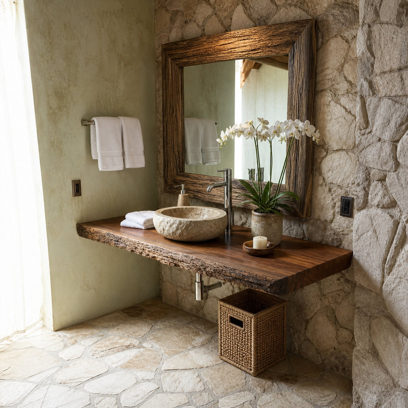 Midcentury Floating Shelf Solid Wood Vanity Bathroom