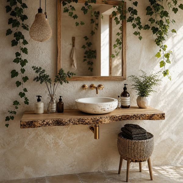 Midcentury Floating Shelf Vanity Natural Finish Bathroom