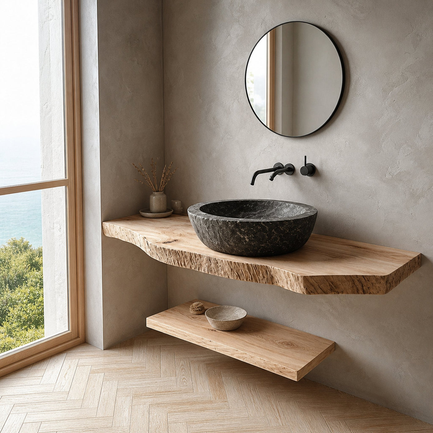 Midcentury Floating Shelf Vanity Washroom