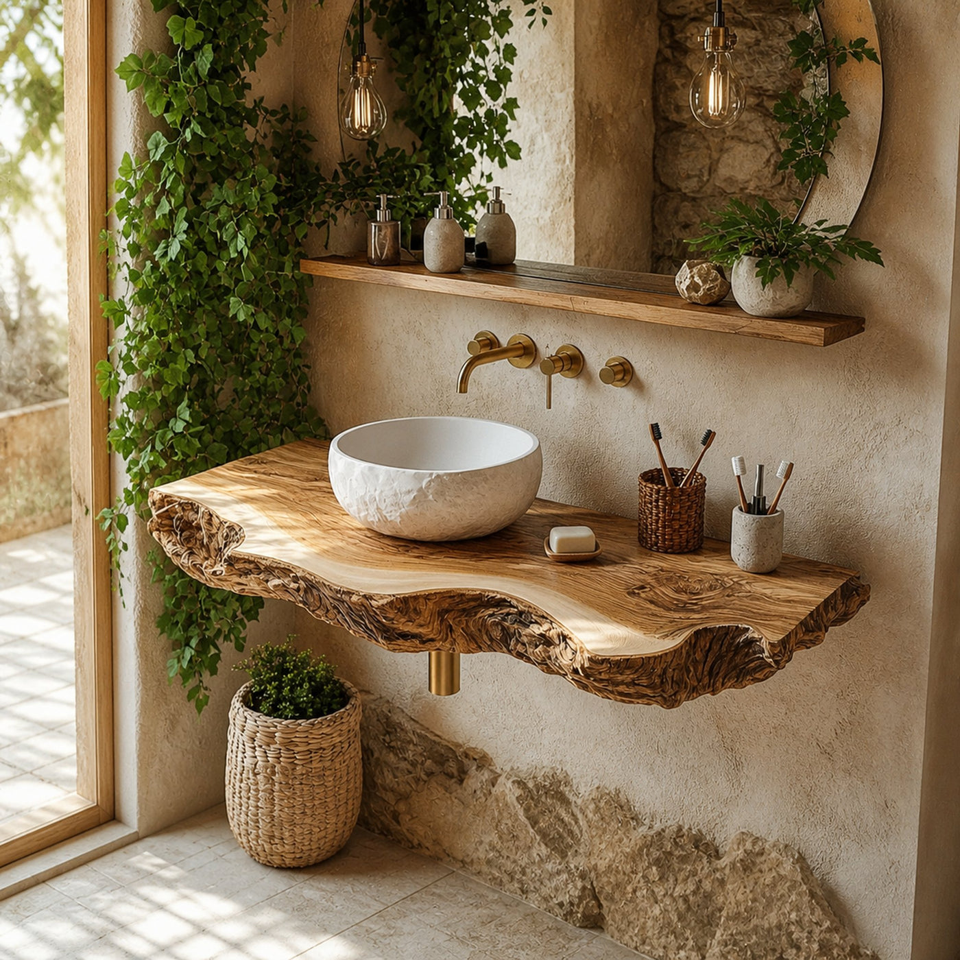 Midcentury Stone Basin Vanity Bathroom