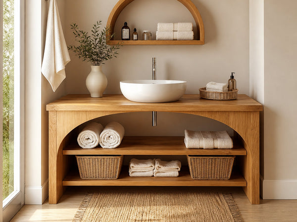 Minimal Bathroom Vanity Cabinet With Open Shelving And Storage Compartments