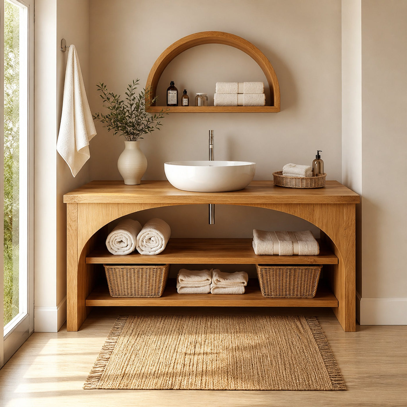 Minimal Bathroom Vanity Cabinet With Open Shelving And Storage Compartments