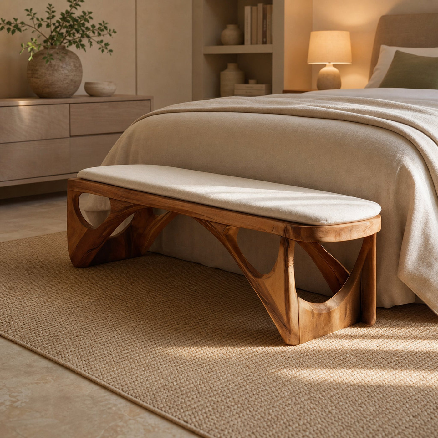 Minimalist Curved Wood Bench For End-of-Bed Design