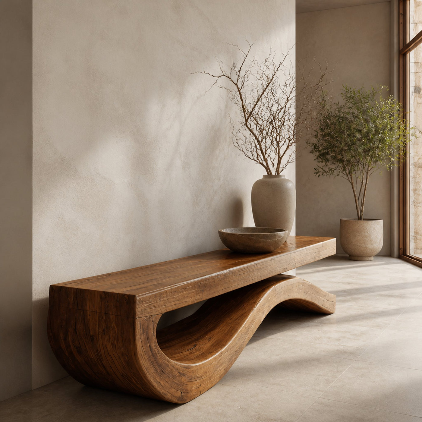 Modern Bench With Flowing Curved Base For Entryway