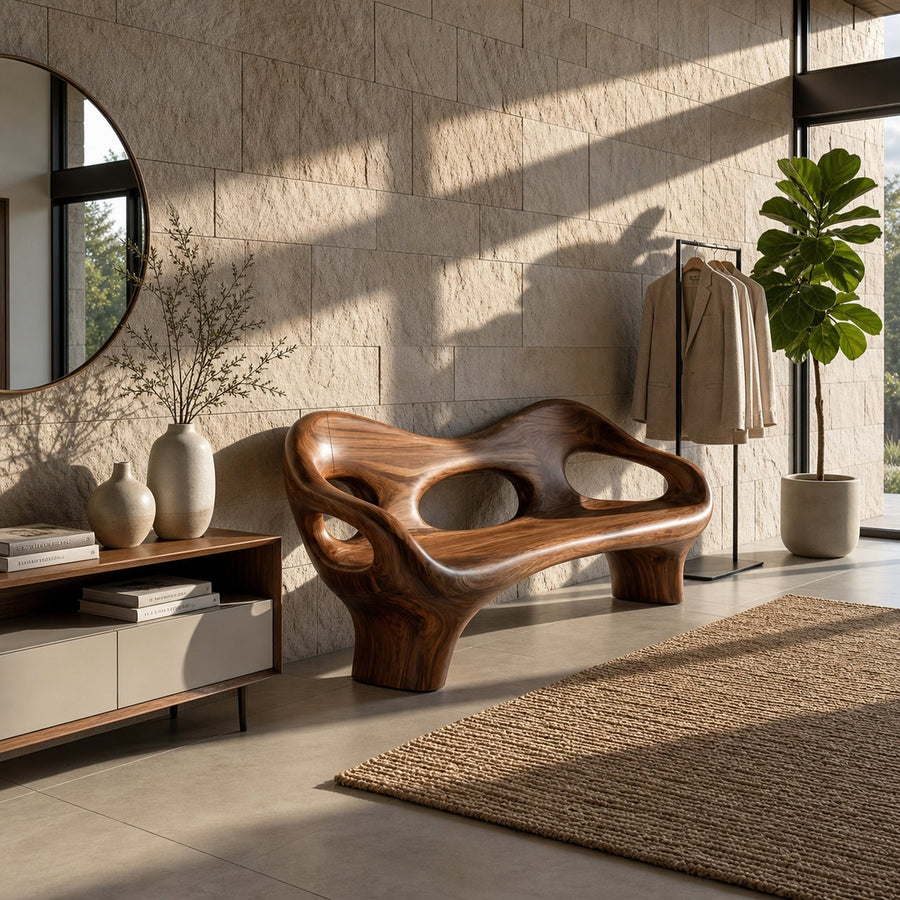 Modern Entryway Bench With Hollow Sculpture Arms For Hallway