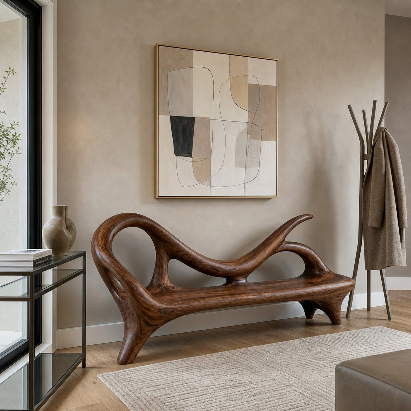 Modern Entryway Bench With Sculptural Form For Contemporary Interiors