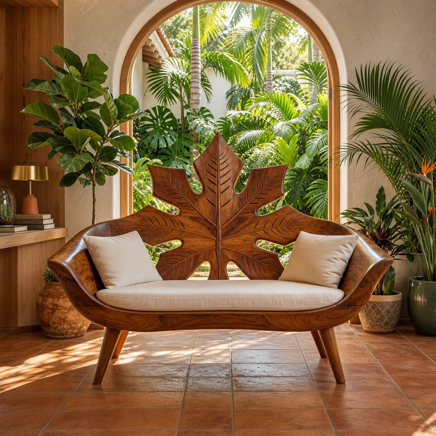 Modern Maple Leaf Carved Bench For Patio Interior Area