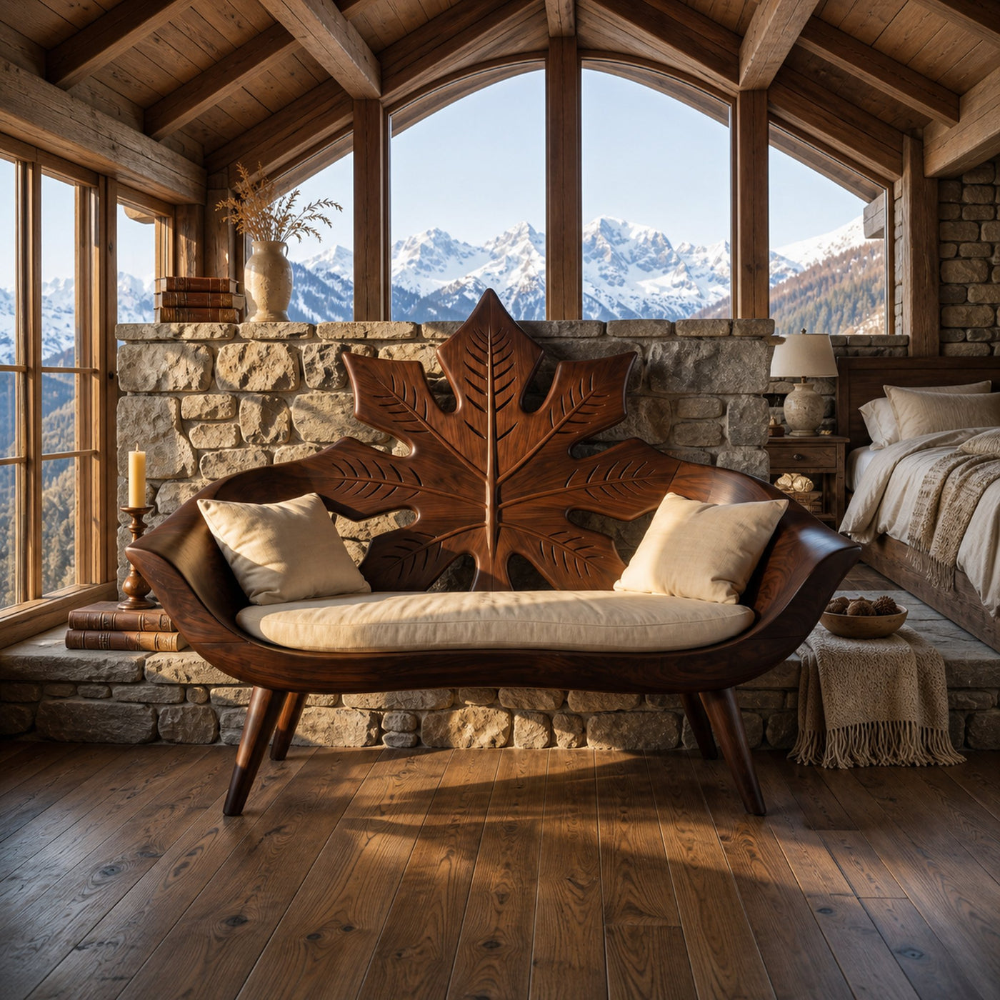 Modern Maple Leaf Carved Bench For Patio Interior Area - product view 7