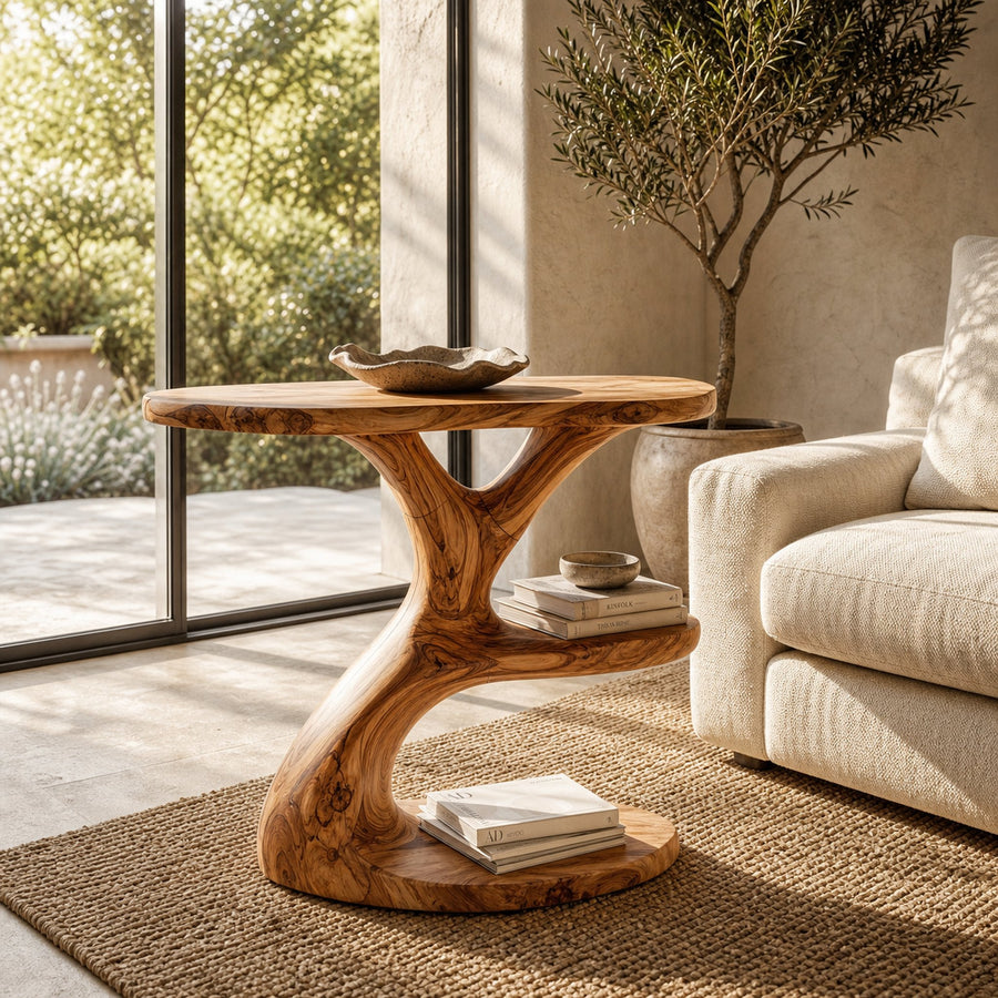 Modern Organic Side Table With Multi Level Wood Shelves For Living Room And Bedroom