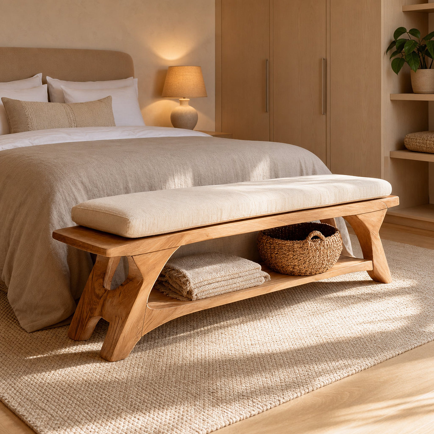 Modern Sculpted Wood Bench For Bedroom Interior Styling