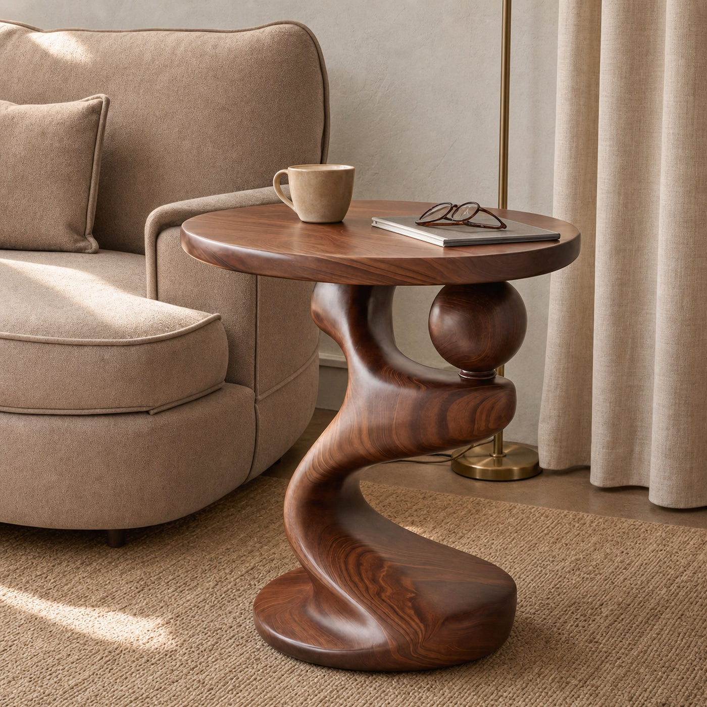 Modern Sculpted Wood Side Table With Artistic Curved Base For Living Room Or Bedroom