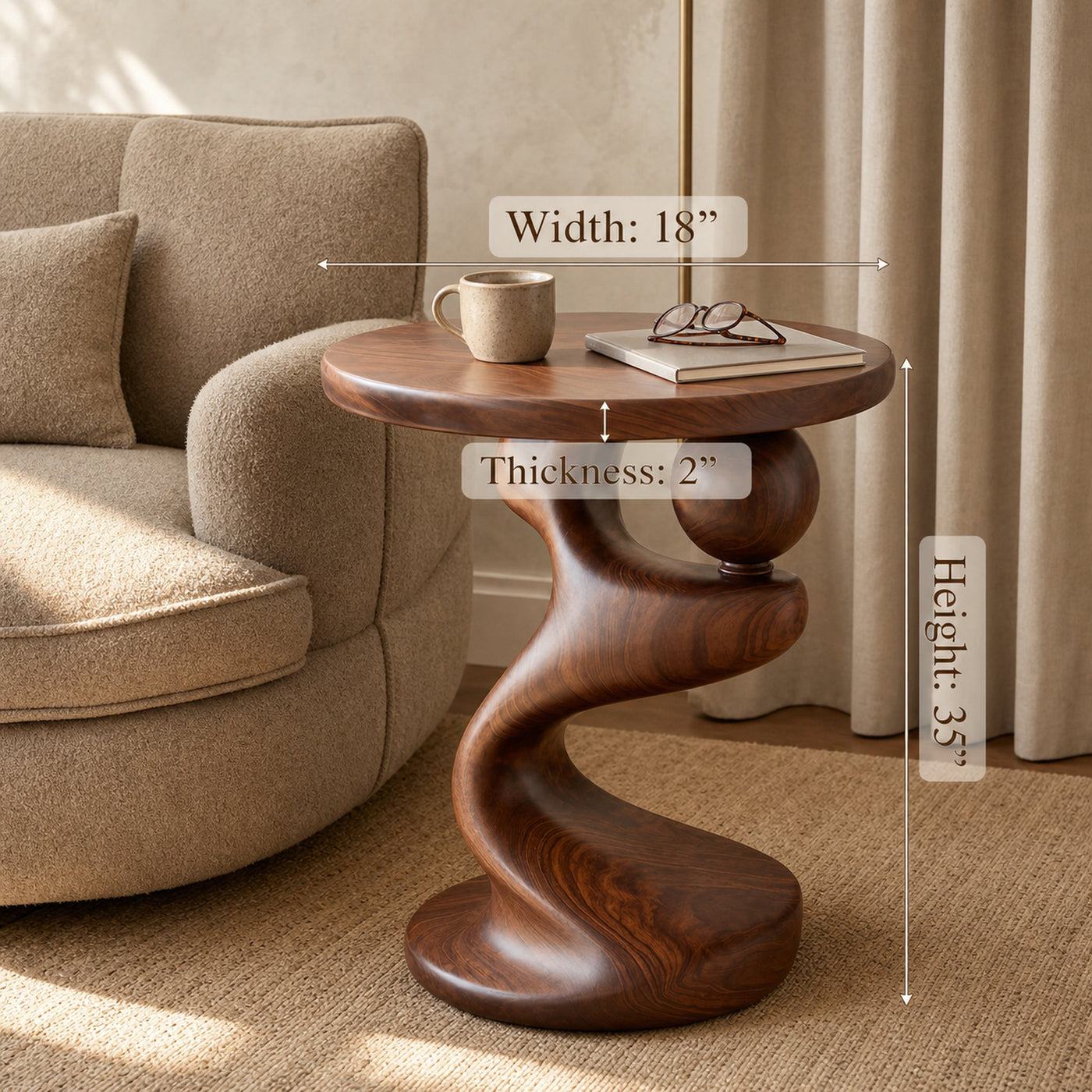 Modern Sculpted Wood Side Table With Artistic Curved Base For Living Room Or Bedroom - product view 6