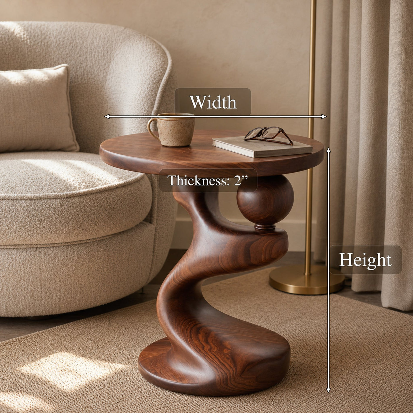 Modern Sculpted Wood Side Table With Artistic Curved Base For Living Room Or Bedroom - product view 7