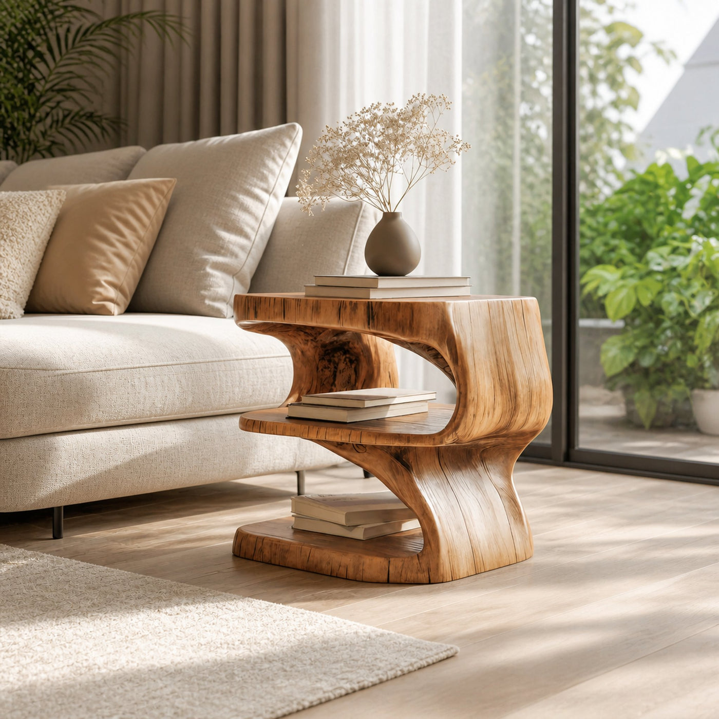 Modern Sculpted Wood Side Table With Open Shelf For Living Room Or Bedroom