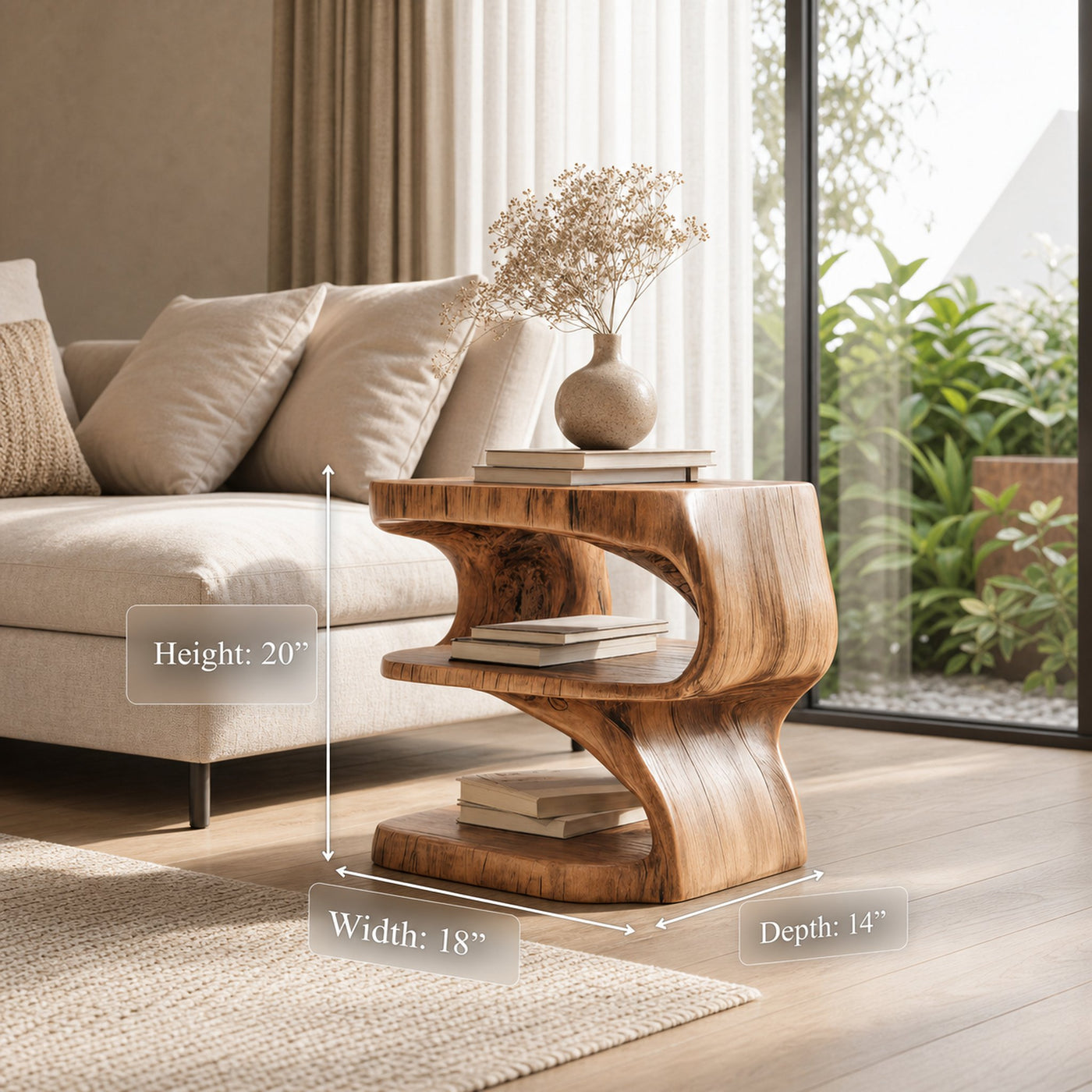 Modern Sculpted Wood Side Table With Open Shelf For Living Room Or Bedroom - product view 6