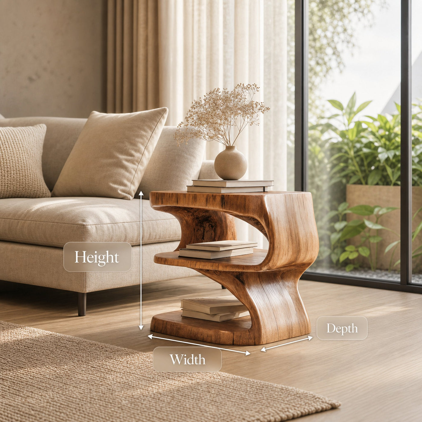 Modern Sculpted Wood Side Table With Open Shelf For Living Room Or Bedroom - product view 7