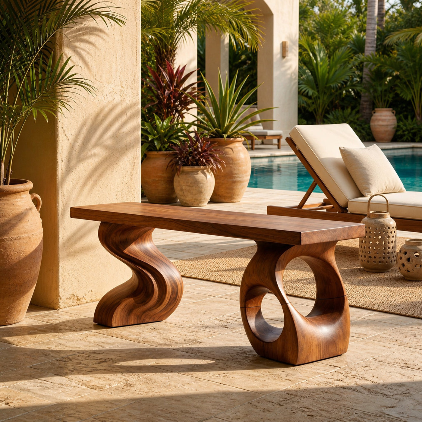 Modern Sculptural Twisted Base Bench For Living Interior Space