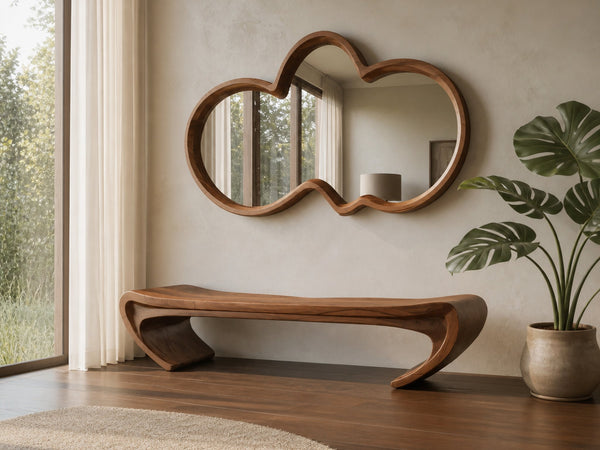 Modern Sculptural Wood Bench For Entryway Or Living Room