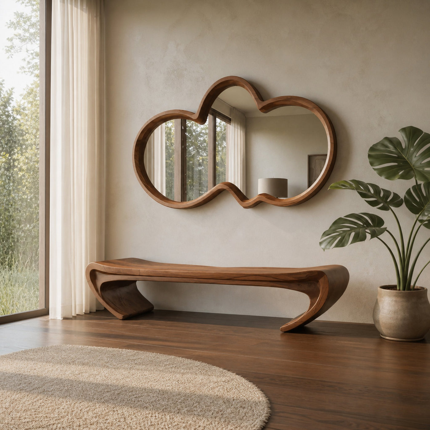 Modern Sculptural Wood Bench For Entryway Or Living Room