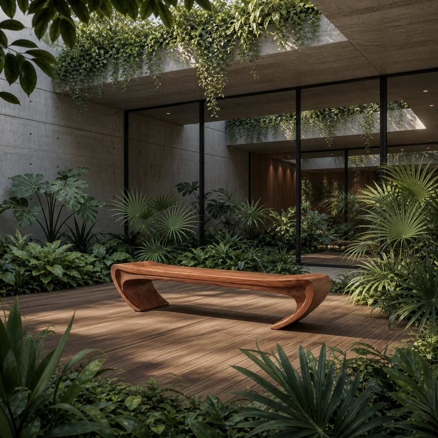 Modern Sculptural Wood Bench For Entryway Or Living Room - product view 2