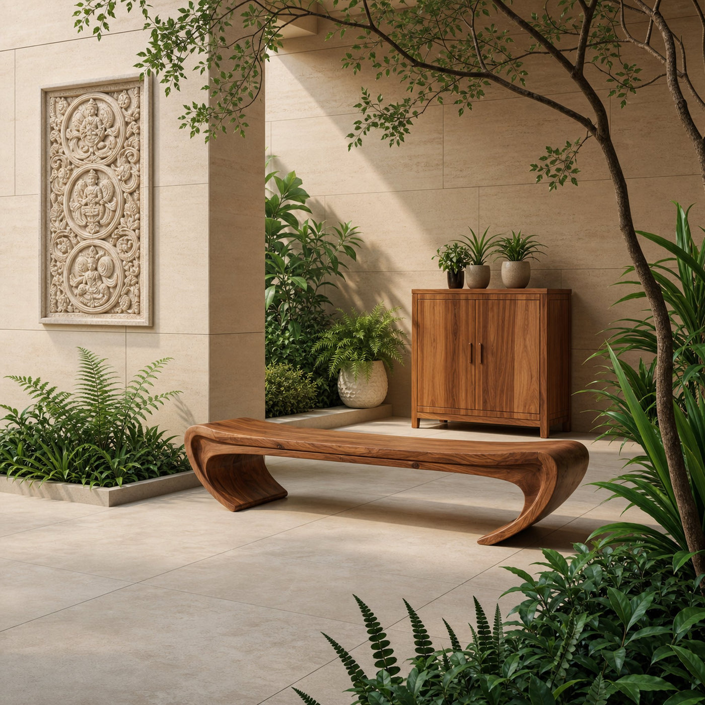 Modern Sculptural Wood Bench For Entryway Or Living Room - product view 3