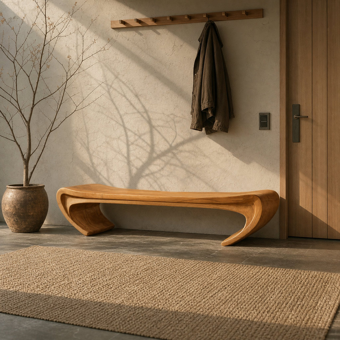 Modern Sculptural Wood Bench For Entryway Or Living Room - product view 5