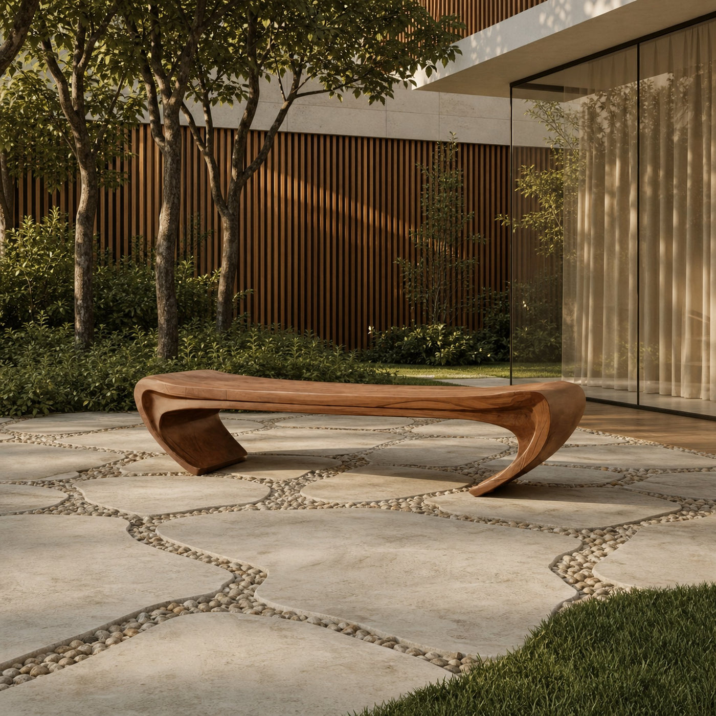 Modern Sculptural Wood Bench For Entryway Or Living Room - product view 6