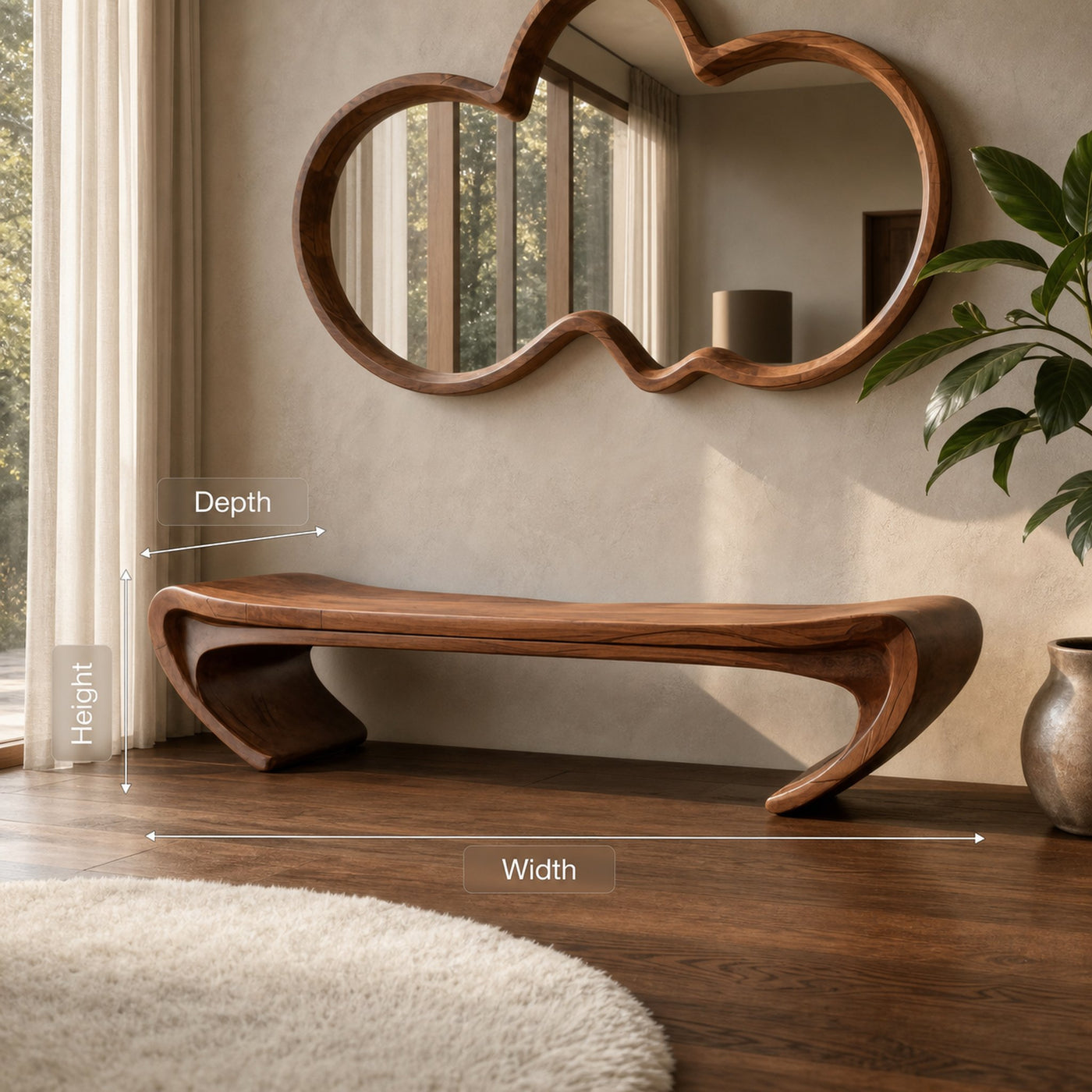 Modern Sculptural Wood Bench For Entryway Or Living Room - product view 8