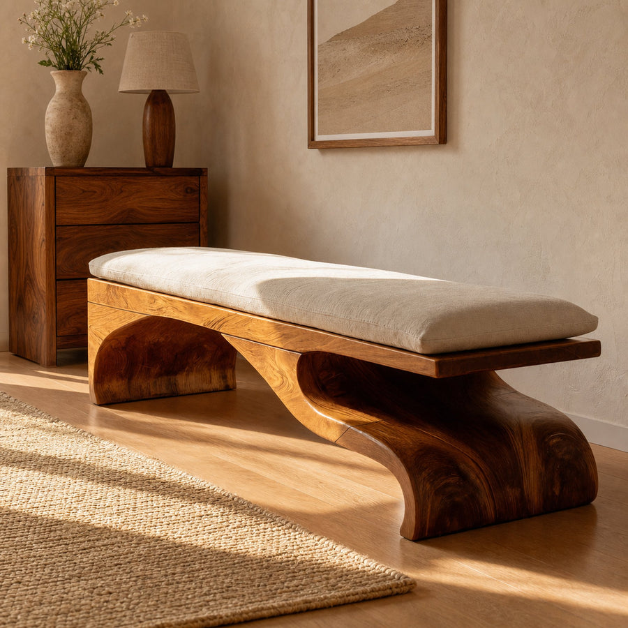 Modern Sculptural Wooden Bench For Bedroom Decor