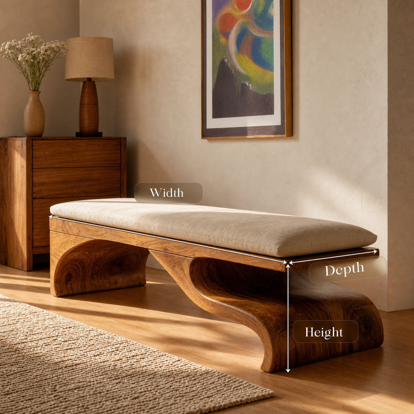 Modern Sculptural Wooden Bench For Bedroom Decor - product view 7