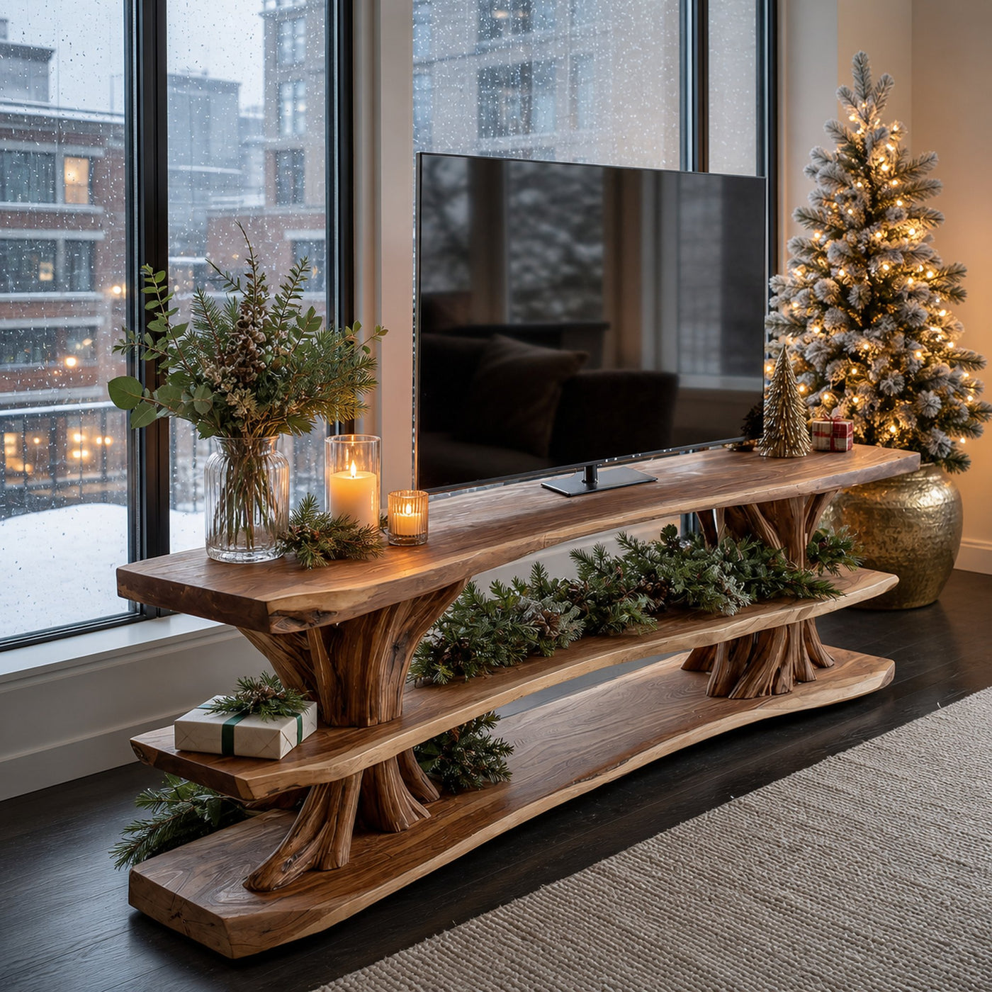 Modern Wooden Live Edge TV Console For Cozy Winter Living Room - product view 6