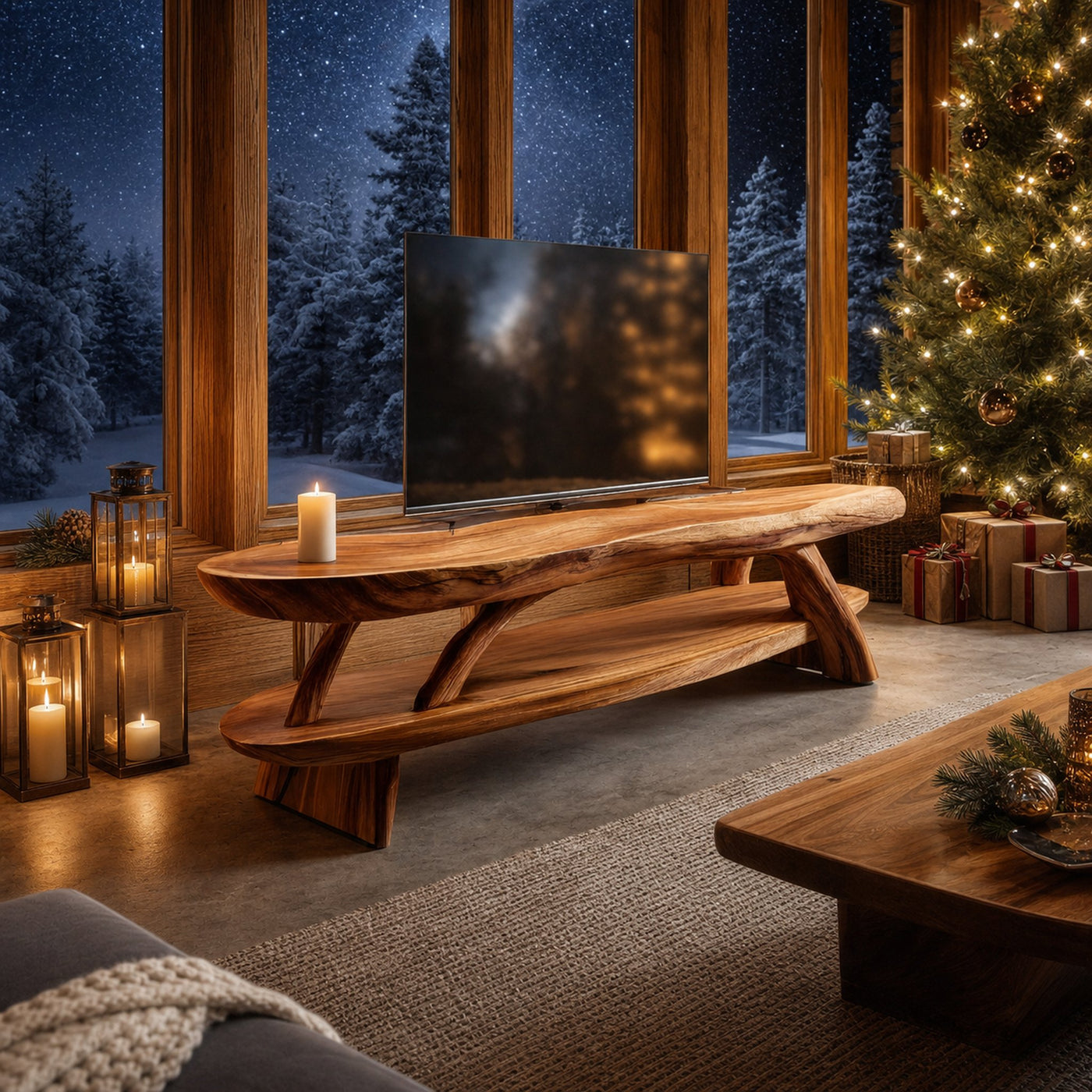 Modern Wooden Live Edge TV Console For Winter Living Room