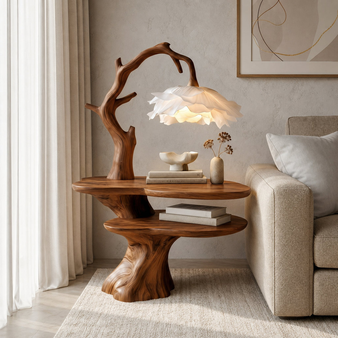 Natural Bedside Table With Floral Lamp And Tree Branch Form For Bedroom And Guest Room