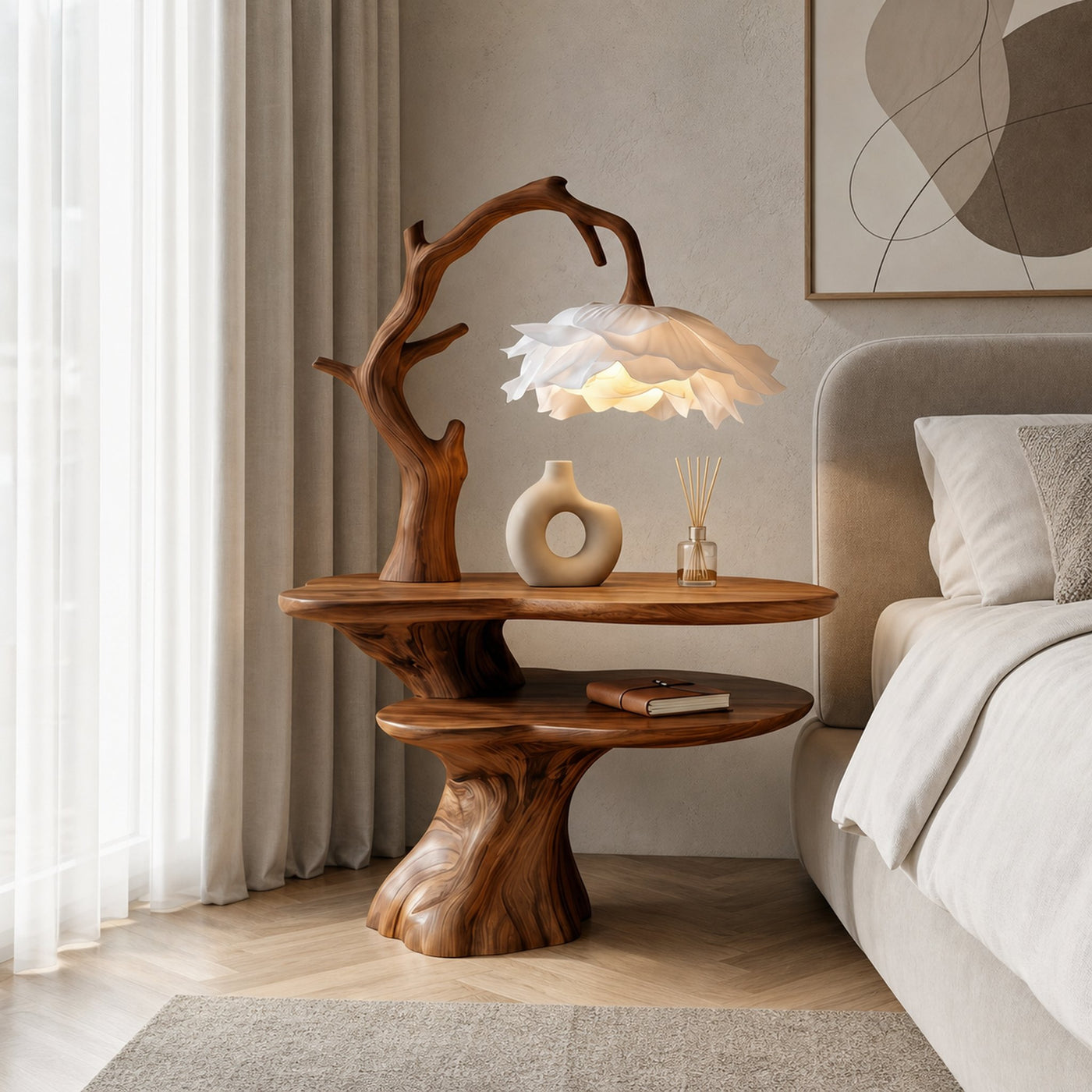 Natural Bedside Table With Floral Lamp And Tree Branch Form For Bedroom And Guest Room - product view 6