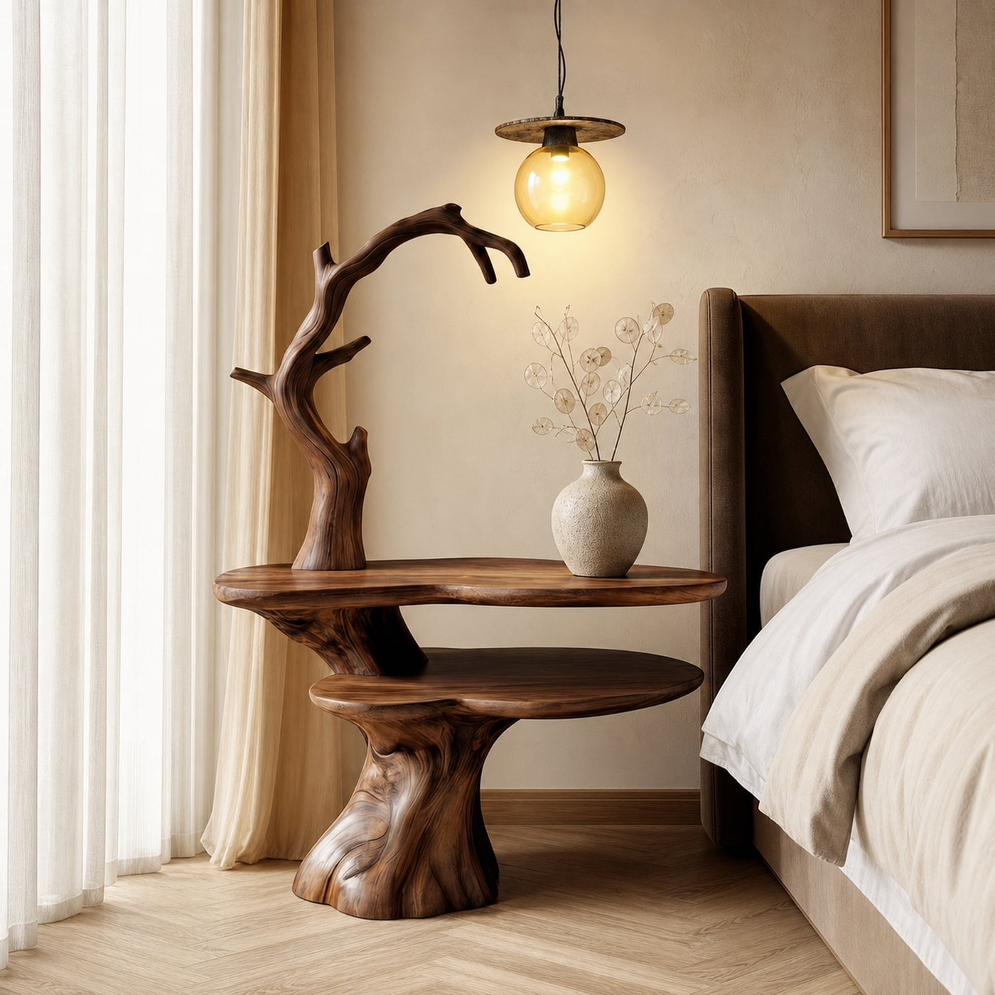 Natural Bedside Table With Floral Lamp And Tree Branch Form For Bedroom And Guest Room - product view 7