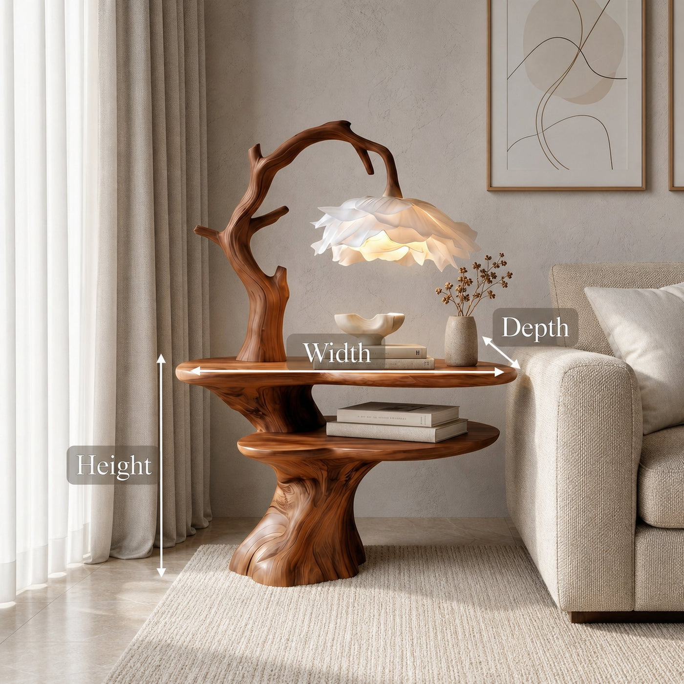 Natural Bedside Table With Floral Lamp And Tree Branch Form For Bedroom And Guest Room - product view 8
