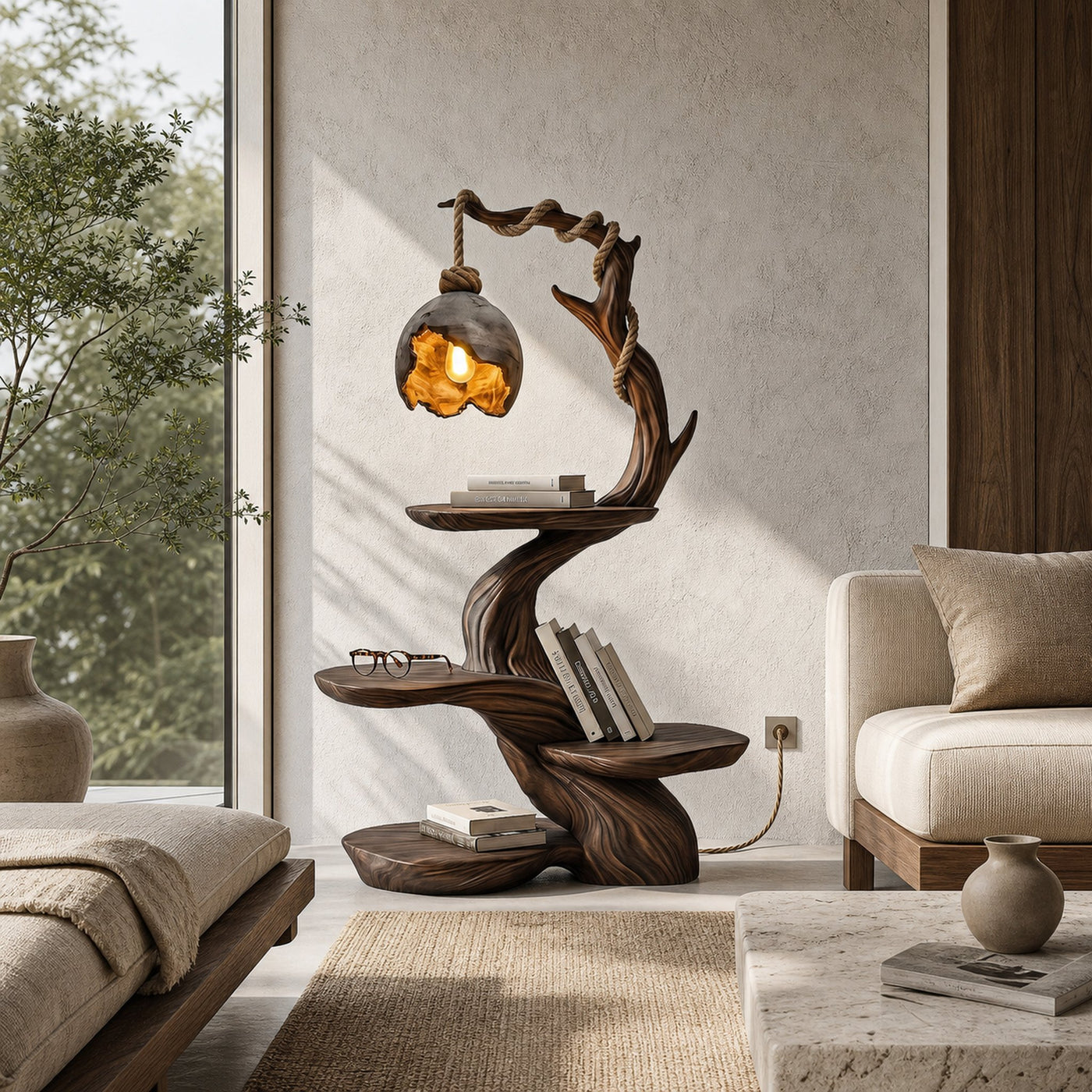 Nature Inspired Beside Table With Sculptural Tree Form And Ambient Lamp For Bedroom