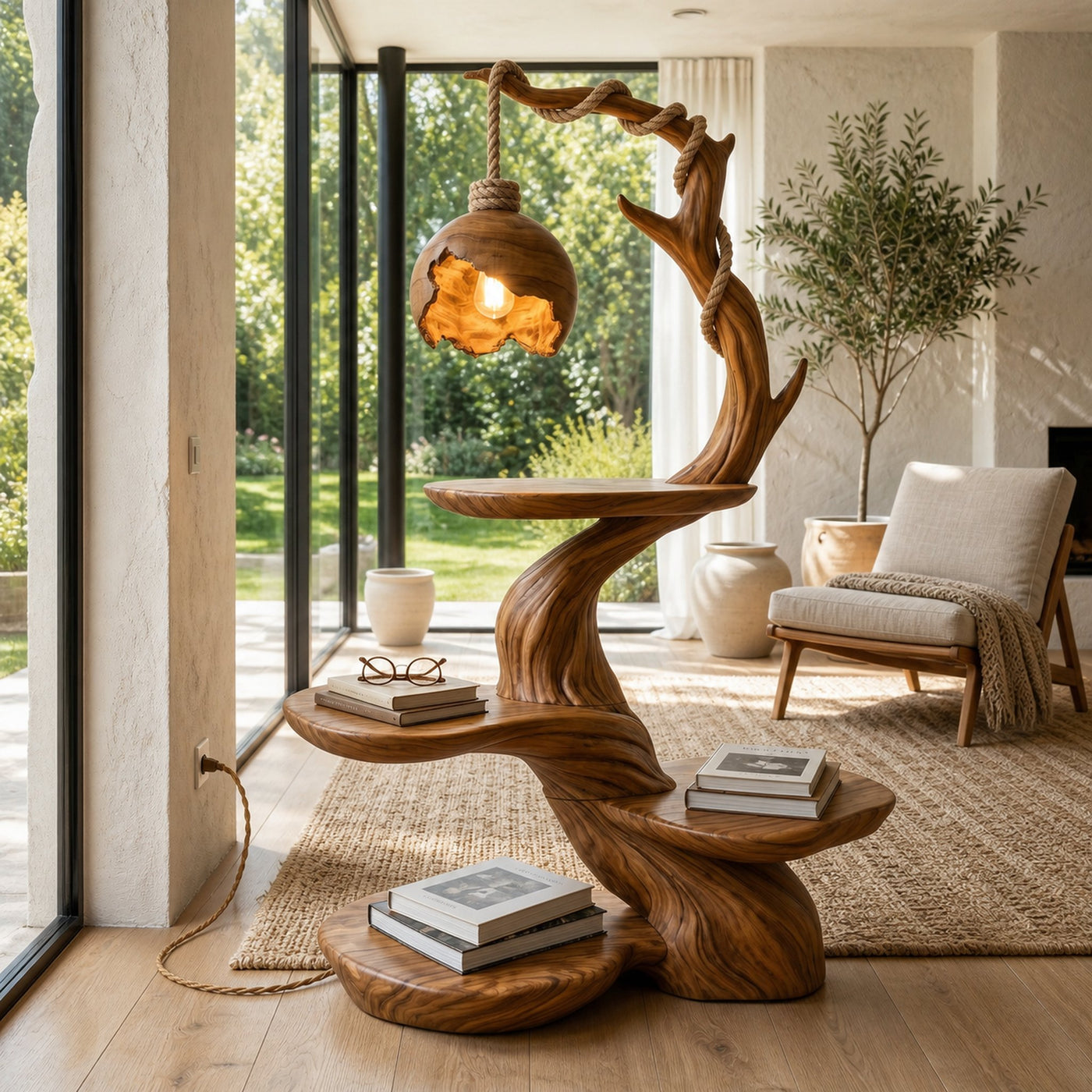 Nature Inspired Beside Table With Sculptural Tree Form And Ambient Lamp For Bedroom - product view 6