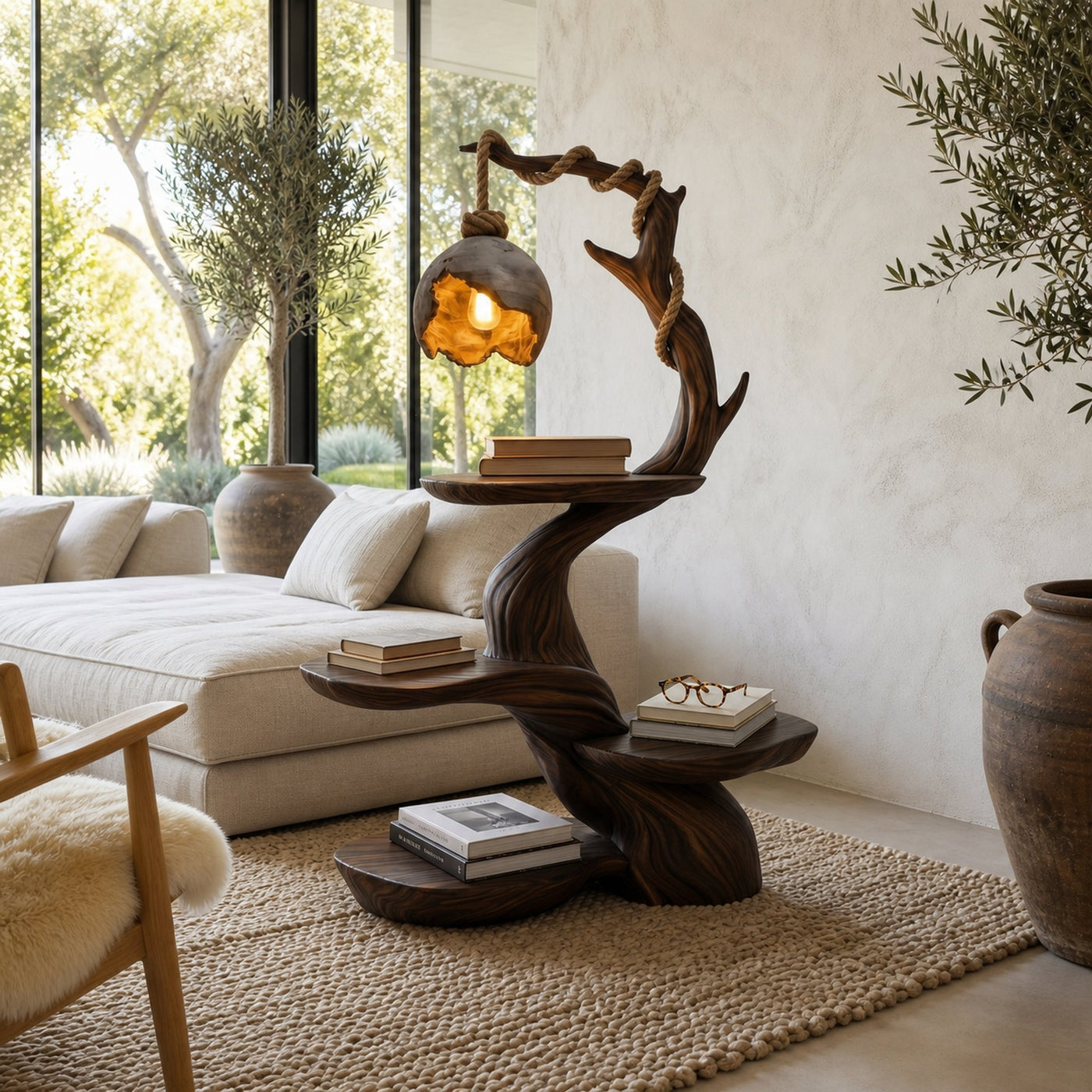 Nature Inspired Beside Table With Sculptural Tree Form And Ambient Lamp For Bedroom - product view 7