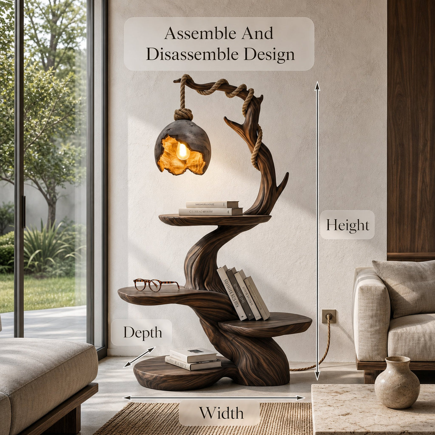 Nature Inspired Beside Table With Sculptural Tree Form And Ambient Lamp For Bedroom - product view 8