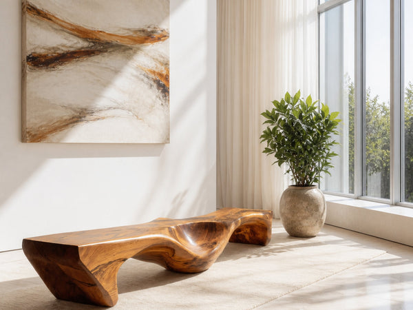 Organic Bench With Carved Wave Design For Living Room