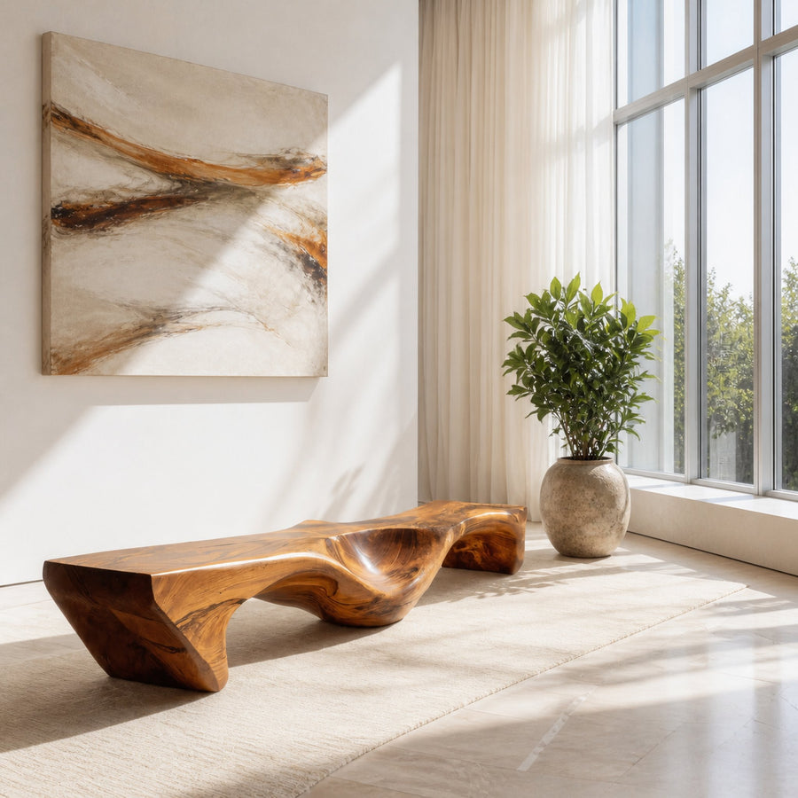 Organic Bench With Carved Wave Design For Living Room