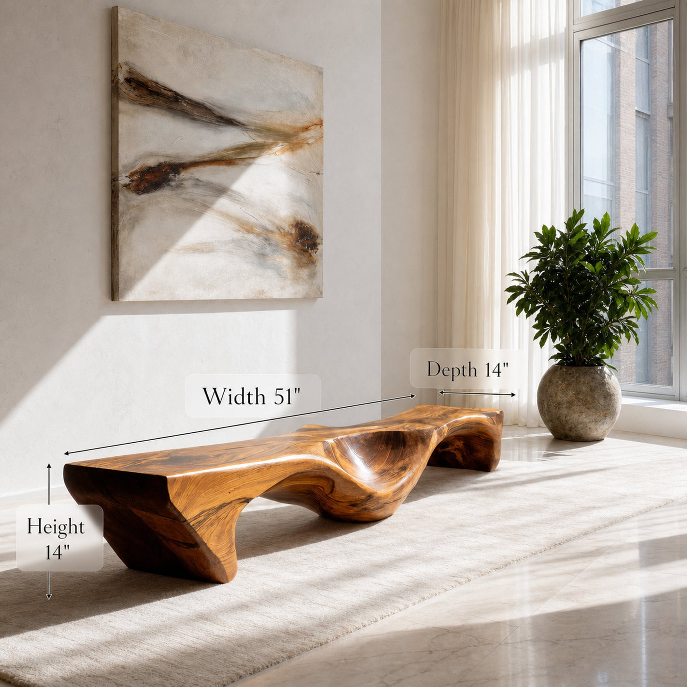 Organic Bench With Carved Wave Design For Living Room - product view 6
