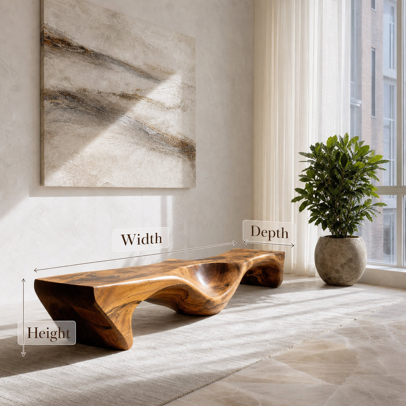 Organic Bench With Carved Wave Design For Living Room - product view 7