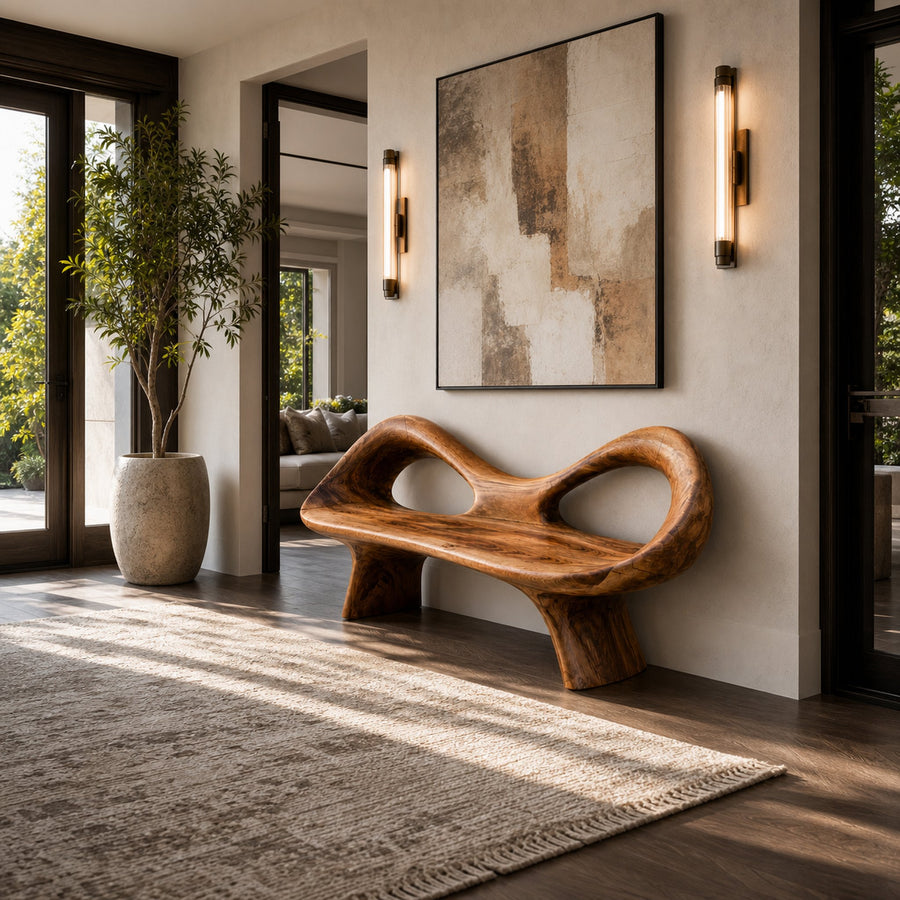 Organic Bench With Hollow Sculpture Backrest For Luxury Interiors