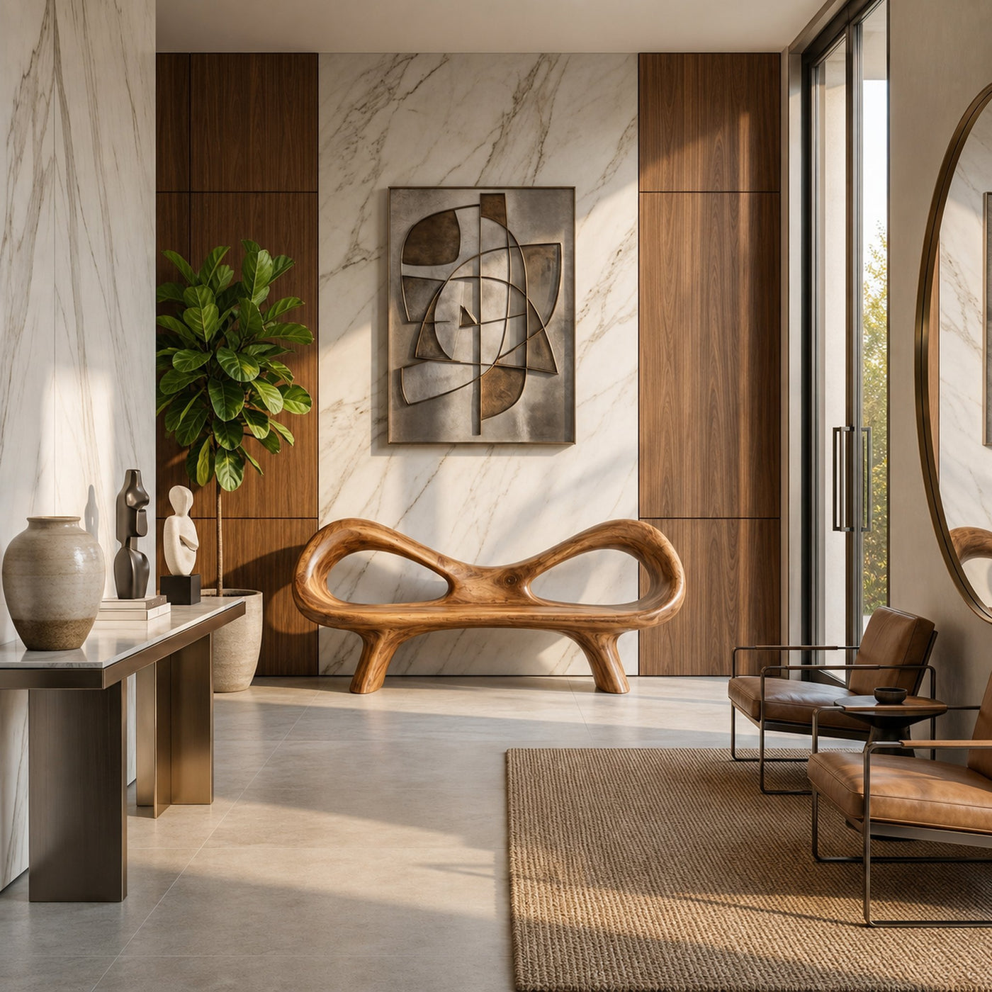 Organic Bench With Hollow Sculpture Backrest For Luxury Interiors - product view 2